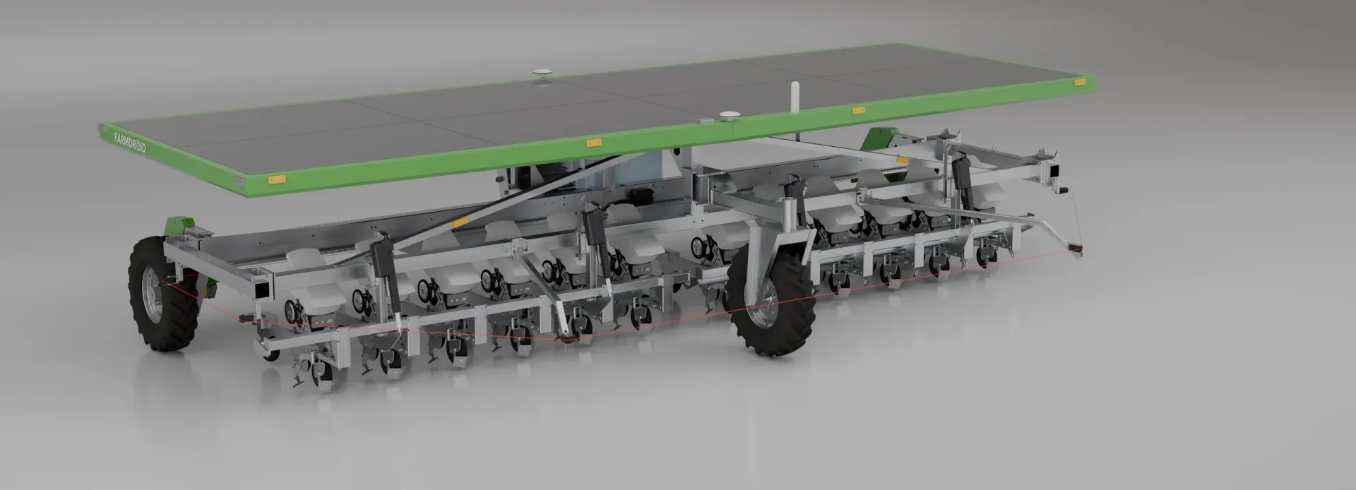 FarmDroid FD60 robot viewed from the side, showing its solar panels
